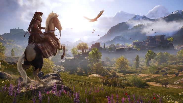 Assassin's Creed: Odyssey landscape with your character Kassandra on a rearing horse